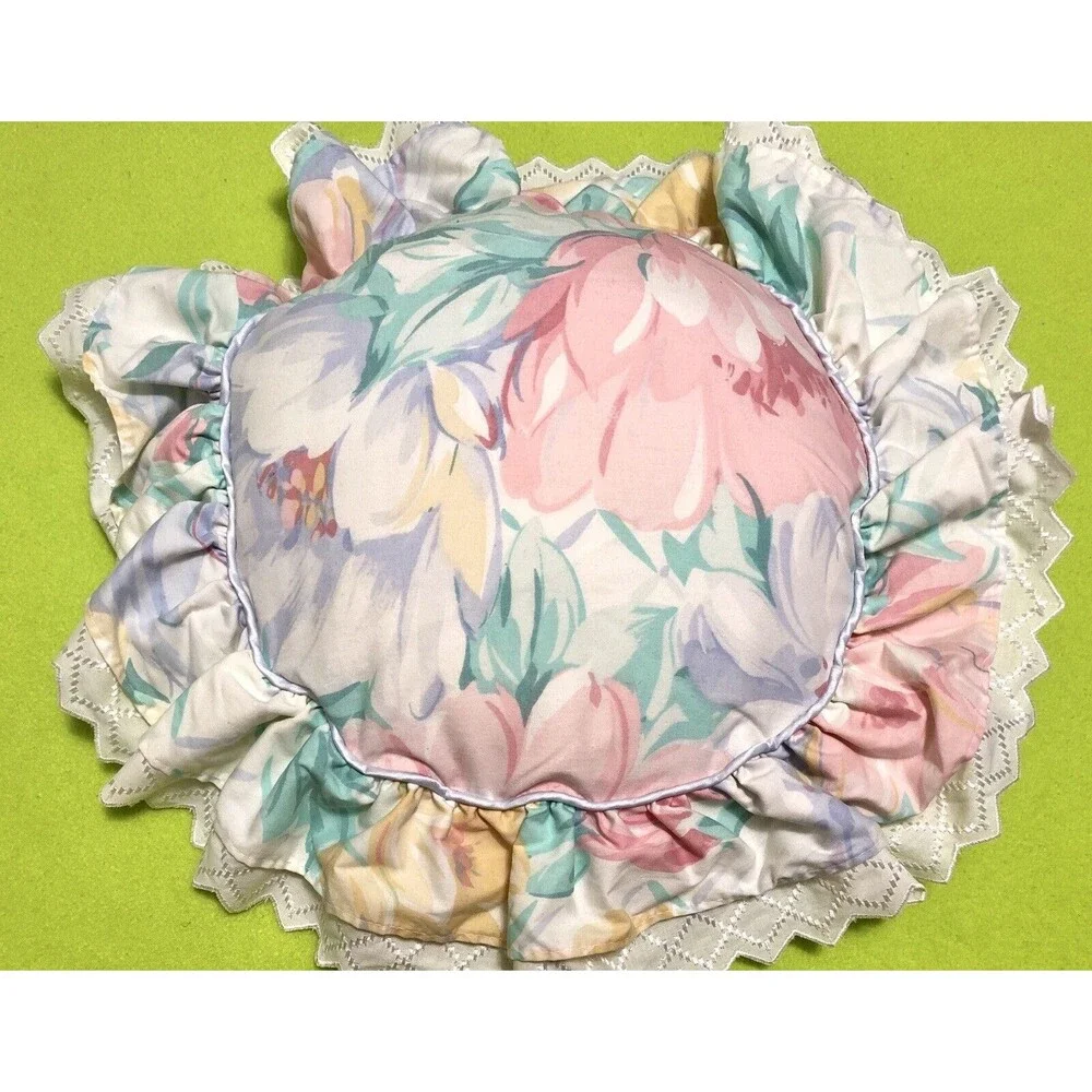 Circular Round Floral Flower Decorative Throw Pillows with Frill Pink Blue Green